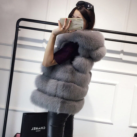 2023 Winter Sleeveless Faux Fur Coat with Hood Gilet Artificial Fox Fur Jacket Female Solid Color Loose Fur Warm Vest for Women