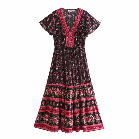 V-Neck Short Sleeve Summer Dress Floral Printed Bohemian Maxi Dresses Casual Beach Women Clothing 2023 Female Vestidos