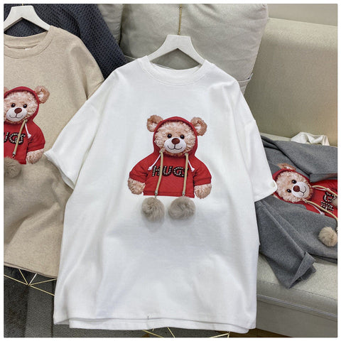 Sonicelife Women's Cotton T-shirt Cute Bear Tshirts 2024 Summer Short Sleeve Loose Casual Harajuku Tee Oversized Couple Fur Ball Tops Cloth