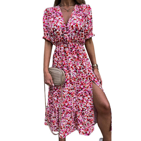 Sonicelife hoco dresses Lady Fashion Flowers Print Mini Dress Short Sleeve Sweet Holiday Dress Summer Elegant  V-neck Side Slit Y2K Vestidos D30