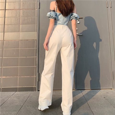 Sonicelife Weekeep Pleated White Solid Women's Jeans Streetwear High Waist Button Denim Pants Vintage Straight Harajuku Basic Trousers