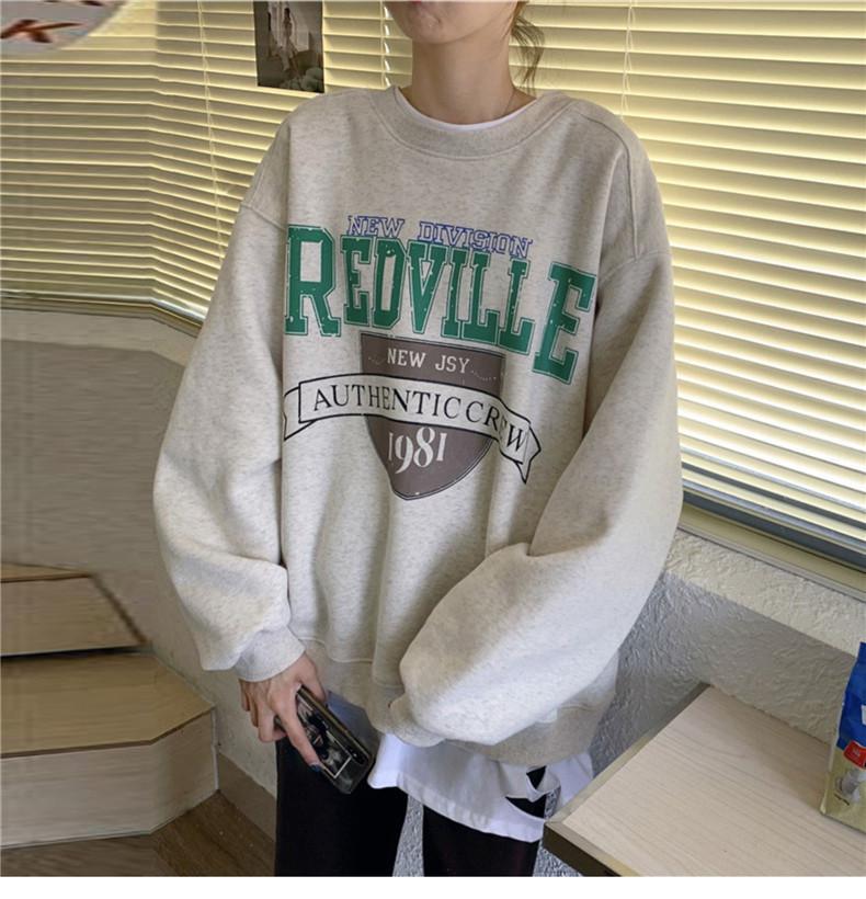 Sonicelife Plus Velvet Casual Warm Pullover Sweatshirts Female Clothing Women Long Sleeve Sweetshirt Loose Letter Printing Crew Neck Tops