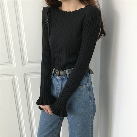 Sonicelife Christmas Gift AOSSVIAO Ruffles Pullovers Solid Flare Sleeve 2024 Autumn Winter All Match Women Sweaters Slim New Pull Femme Fashion Soft Tops