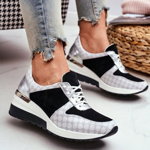 Sonicelife  Women Sneakers Wedge Casual Vulcanized Shoes 2022 Printed  Patchwork Ladies Platform Shoes Sports Lace-Up Female Footwear New