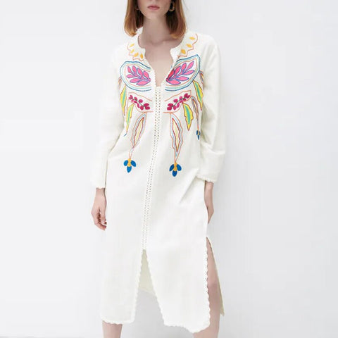 Sonicelife 2023 New Summer Women's Round Neck Wear  Embroidered Caftan Dress