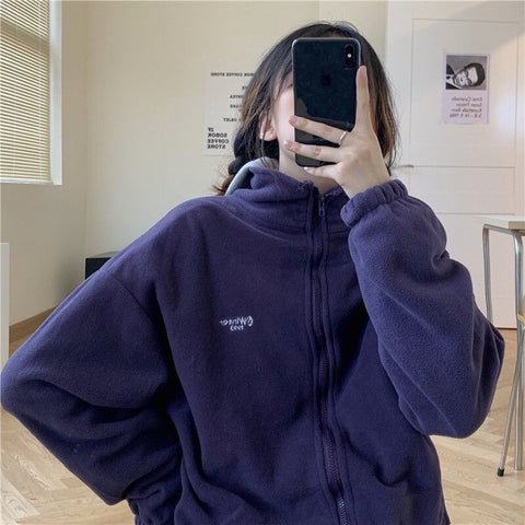 Sonicelife Harajuku Long Sleeve Oversized Hooded Sweatshirts Women Winter Vintage Clothes Woman Warm Thick Jacket Sweetshirt Zip Up Hoodies