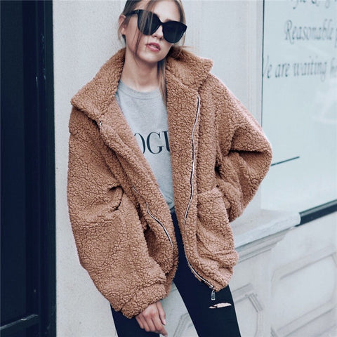 Sonicelife Elegant Faux Fur Coat Women 2024 Autumn Winter Thick Warm Soft Fleece Jacket Female Pocket Zipper Overcoat Bear Teddy Coat 3XL