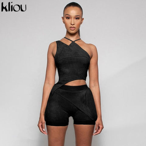 Kliou Velour Asymmetry Two Piece Set Women Avocado Halter Crop Top+Crease Shorts Matching Outfit Female Casual Workout Atirewear