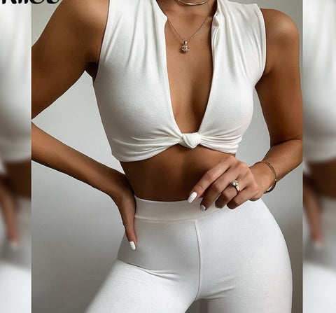 Stacked Two Piece Set Women V Neck Tracksuits Fitness Matching Sets Crop Tops Leggings Jogging Sportswear Workout Outfits