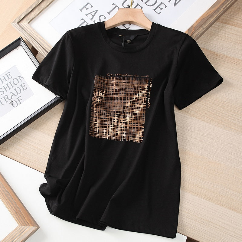 Sonicelife New Summer Women Black Letter Print Cotton T-Shirt Casual Solid Short Sleeve Tees Tops Ladies Camisetas Mujer