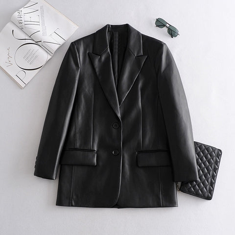 2023 Long PU Faux Leather Blazers Women Leather Jacket Coat Brand New Women's Jackets Outerwear Ladies Coats Female Leather Suit