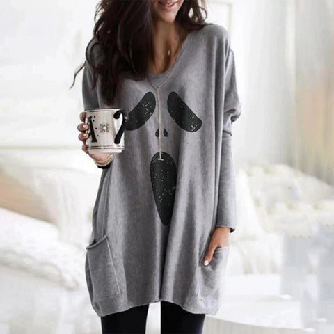 Sonicelife 2023 Women Autumn Fashion V-Neck Long Sleeve Halloween Ghost Print Pockets Design Top Casual Loose Blouse Oversized T-Shirts New