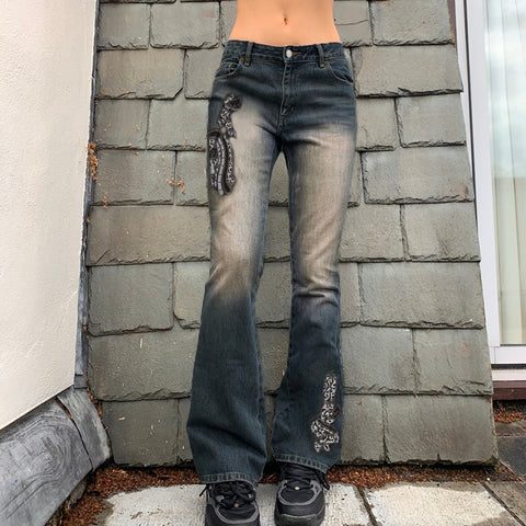 Sonicelife Fairycore Grunge Y2K Graphic Low Waist Jeans Women Vintage Embroidery Skinny Denim Pants 2000s Aesthetic Jeans Bottom