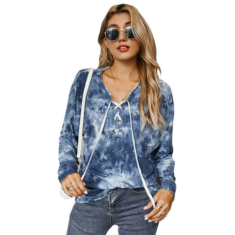 Sonicelife Sale Women Tie Dye Print T-shirt Long Sleeve Loose Tops for Women  Autumn Cross Bandage Casual Basic Tops Female Pullovers D30