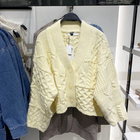 New Spring Autumn Women Yellow V Neck Knitted Casual Long Sleeve Cropped Cardigan Female Button Down Cable Sweater