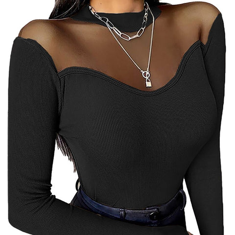 Solid Color Elegant Office Lady Women Slim Fit Tops Long Sleeve Round Neck Mesh Patchwork T-shirt  Female Black Clothes