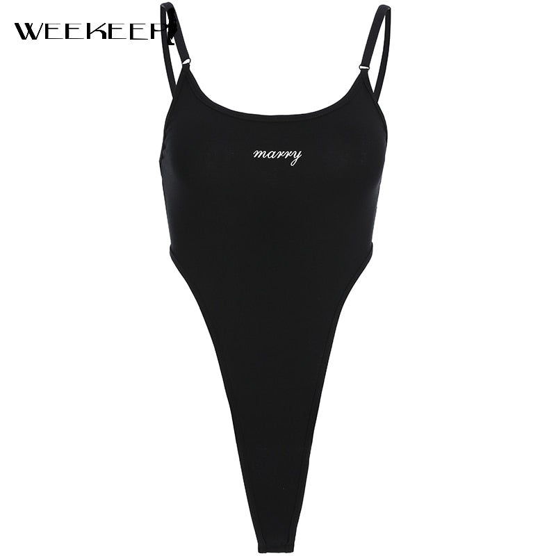 Sonicelife Weekeep Women High Split Waist Print Bodysuits Summer Letter  Strap Backless Rompers Women Bodycon Sleeveless Black Clubwear