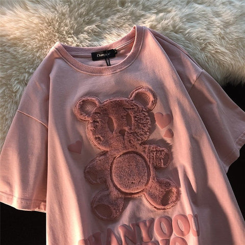 Sonicelife Printed Embroidery Kawaii Short Sleeve Women's T-Shirt  Summer 2024 New Loose Korean Style Bear Top Clothes Cute Cotton Tshirt