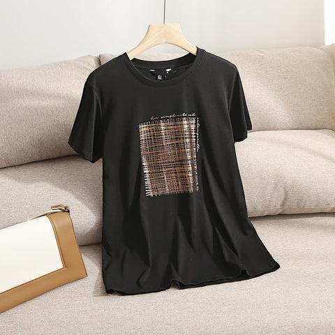 New Summer Women Black Letter Print Cotton T-Shirt Casual Solid Short Sleeve Tees Tops Ladies Camisetas Mujer