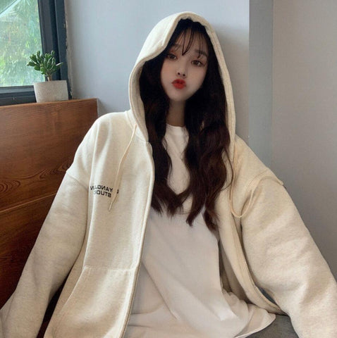 Sonicelife Letter Vintage Zip Up Streetwear Sweatshirts Women Harajuku Oversized Hoodies Thin Pockets Long Sleeve Clothes Korean Style Tops