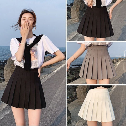 Midi Skirt Womens Solid Color High Waist Kawaii Cute Skirts A-Line Students Girl Harajuku Pleated Skirt Falda Jupe Courte Femme