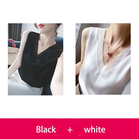 Women's Elegant Blouse Solid V-neck White Satin Silk Shirt Plus Size Vintage Clothing Chiffon Tunic Tops for Women Summer