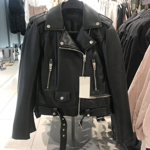 New Spring Autumn Black Soft Faux Leather Jacket Coat Women Casual With Belt Zipper Solid Biker Outwear Tops Female