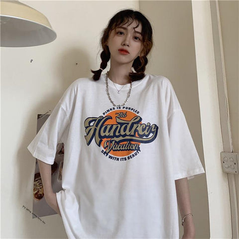 Sonicelife Summer 2024 Fashion Letter Printed Oversized T-Shirt Female Harajuku Casual Loose Top Clothes Vintage Tee Shirts Femme Pullover