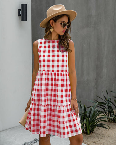 Sonicelife Plaid Dress Women Black A-line Sundresses Pockets Summer Causal Blue Loose Fit Clothing Free People 2023 Red Clothes For Women