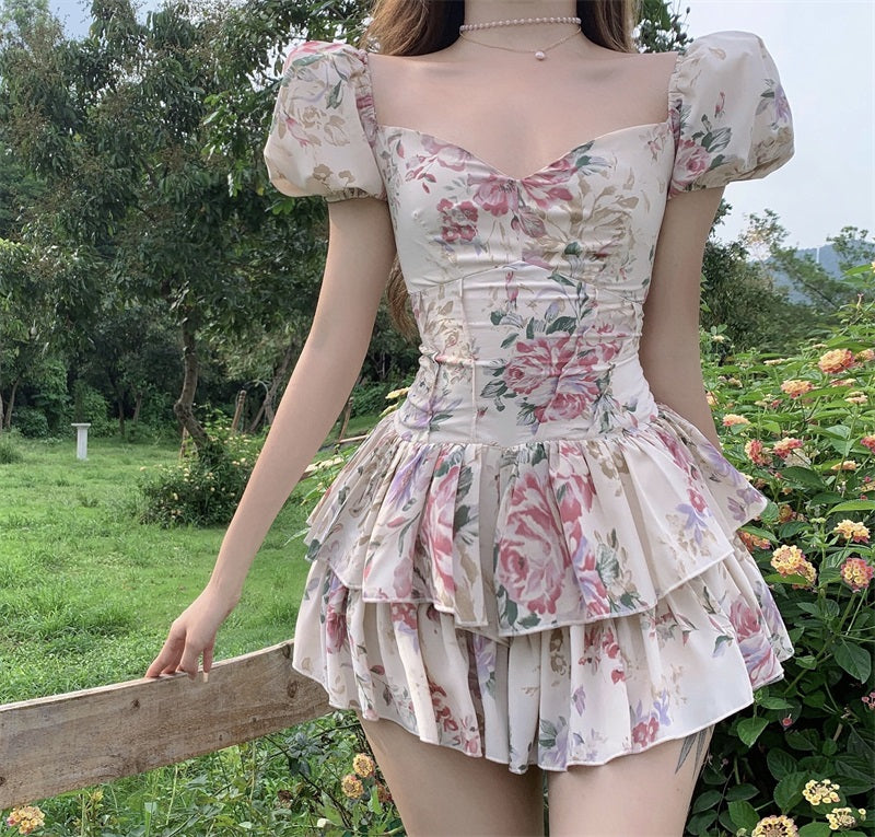 Sonicelife hoco dresses Summer French Romantic Floral Mini Romper Square Collar Flowers Printed Chiffon Tiered Playsuit Cute Kawaii Feminine Romper  Fairy Dress