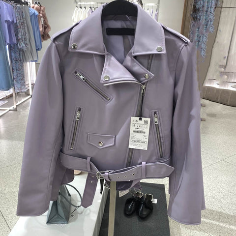 Spring Autumn Pu Faux Leather Jacket Women Purple Zipper Slim Short Biker Jackets Coat Female Outwear
