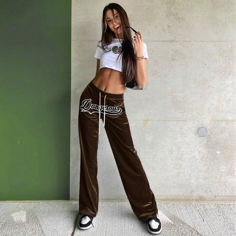 Graduation Gift Sonicelife  Letter Embroidery Straight Pants Velvet Women Drawstring High Waist Trousers Casual Baggy Wild Streetwear Sweatpants