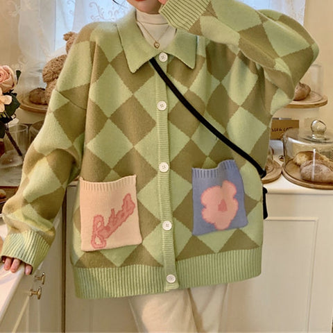 Sonicelife  Y2K Kawaii Pink Aygyle Knitted Sweater Cardigan Women Korean Style Oversize Pockets Green Jumper Female Cute Tops