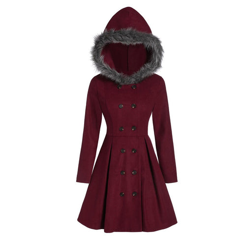 Sonicelife Winter Coats Women Hooded Faux Fur Slim-Fit Office Lady Double-Breasted Midi Coat Hooded Casual Warm Ladies Solid Color Jacket