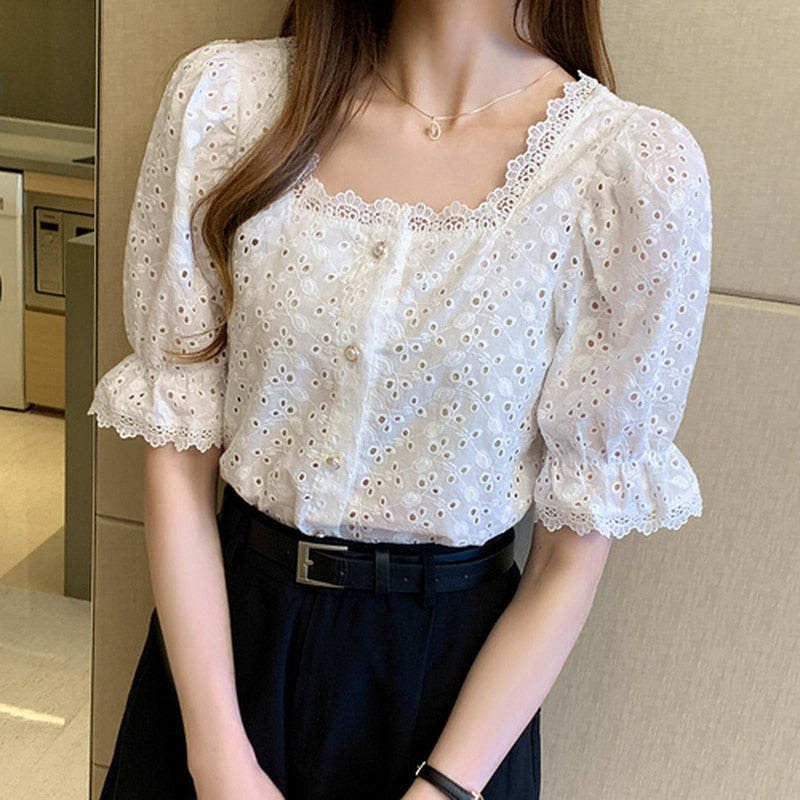 Sonicelife Summer 2023 Shirt Korean Style Wild Lace Shirt Women Square Collar Short Sleeve Hollow Out Vintage Elegant Blouse Blusas