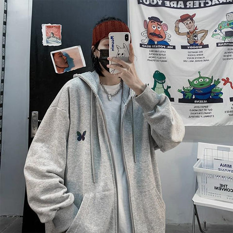 Sonicelife Vintage Zip Up Hoodie Oversized Harajuku Couple Streetwear Women Plus Size Loose Hooded Clothes Casual Thin Sweatshirts Pullover