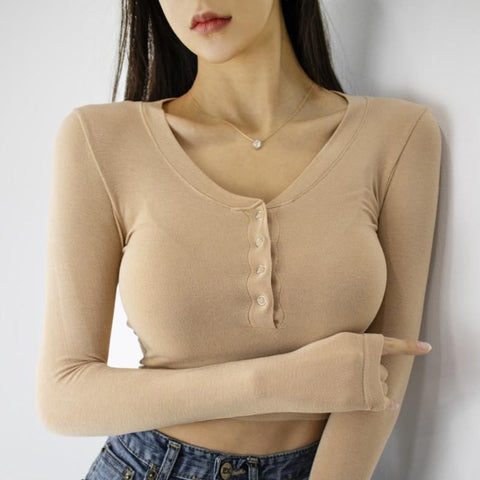 Sonicelife Button V-Neck  Crop Top female long Sleeve Solid Color lady Tees Comfy Summer Basic Chic Thin T shirt See Through