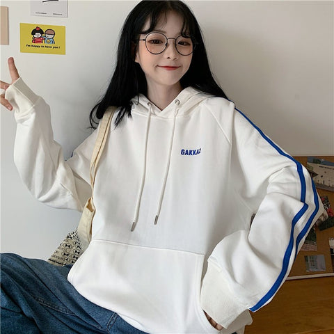 Sonicelife S-3XL Harajuku Women's Hoodie Japanese Letters Hoodies College Loose Plus Size Fleece Pullover Girls Student Sweatshirt Jackets