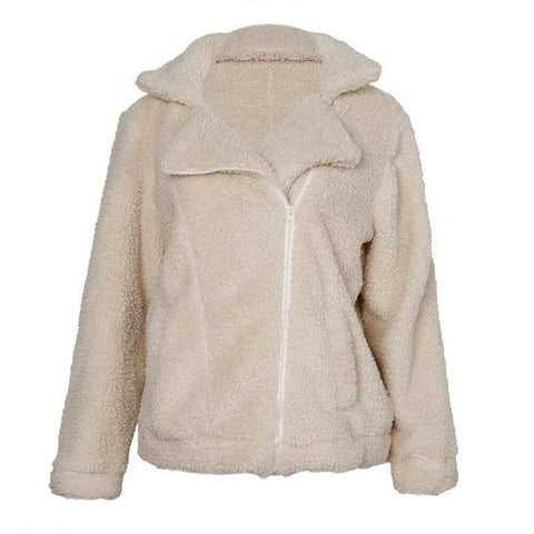 Faux Fur Teddy Coat Women Solid Colour Turn-down Collar Jackets Ladies Winter Thick Warm Outwear Casual Zipper Jackets D30
