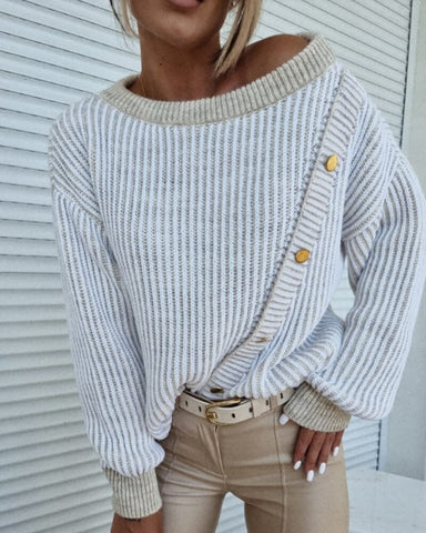 2023 Autumn Winter O Neck Colorblock Button Decor Long Sleeve Warm Casual Knit Sweater Fashion Streetwear Ladies Tops Daily Wear