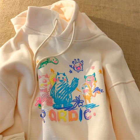 Sonicelife  Kawaii Ugly Emo Print Oversize Hoodies Women Korean Style Harajuku Cute Yellow Sweatshirt Female Pullover Black Tops