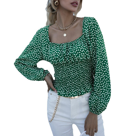 Women Long Sleeve Square Collar Tops Floral Print  Chic Lantern Sleeve Pullover Ladies Slim Fit Shirts Polka Dot Blouse