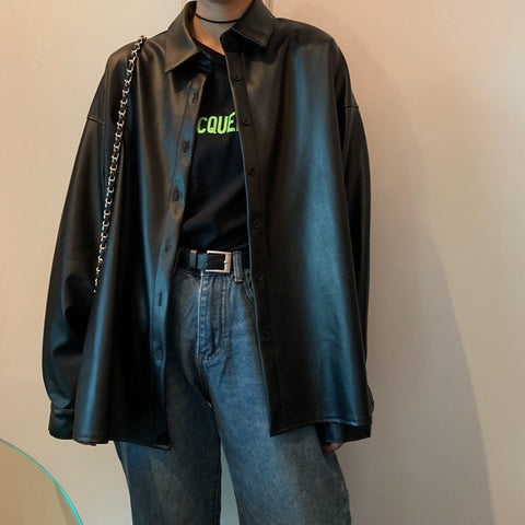 New Women oversized PU leather blouses 2023 Spring Autumn Black Faux Leather Basic Coat Turn-down Collar Motor Biker Jacket