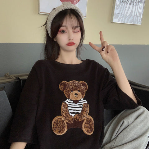 Sonicelife Harajuku Streetwear Oversized Women Tshirts Korean Cute Bear Half Sleeve Loose T-Shirt Fashion Casual Tees Summer Couple Clothes