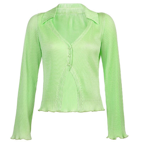 Sonicelife Weekeep Green Elegant Women Blouses Flare Sleeve V Neck Split  Loose Button Up Cardigan Autumn T-Shirt Fashion Office Ladies