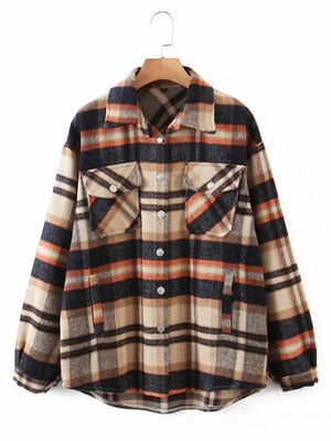 Autumn Winter Plaid Jacket Wool Blend Coat Fashion button Long Sleeve Coat Casual Office Warm Overshirt Ladies Jackets Chic Tops
