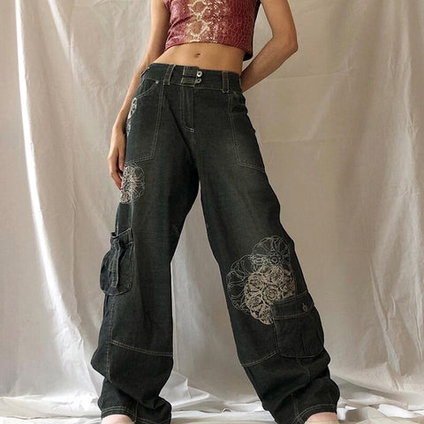 Sonicelife Women Streetwear Denim Pants Vintage Print High Waist Baggy Mom Jeans Harajuku Grunge Oversized Wide Leg Trousers Casual