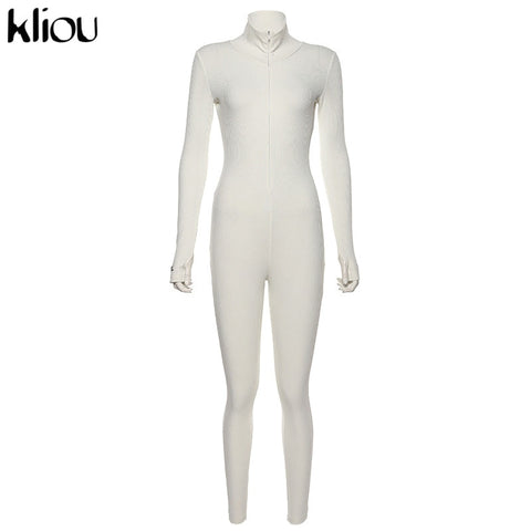 Kliou solid turtleneck full sleeve jumpsuits classic one piece women fitness slim rompers zipper long overall skinny jogger