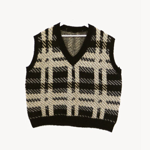 Sonicelife Stacked loose sweater vest check vest + white shirt suit