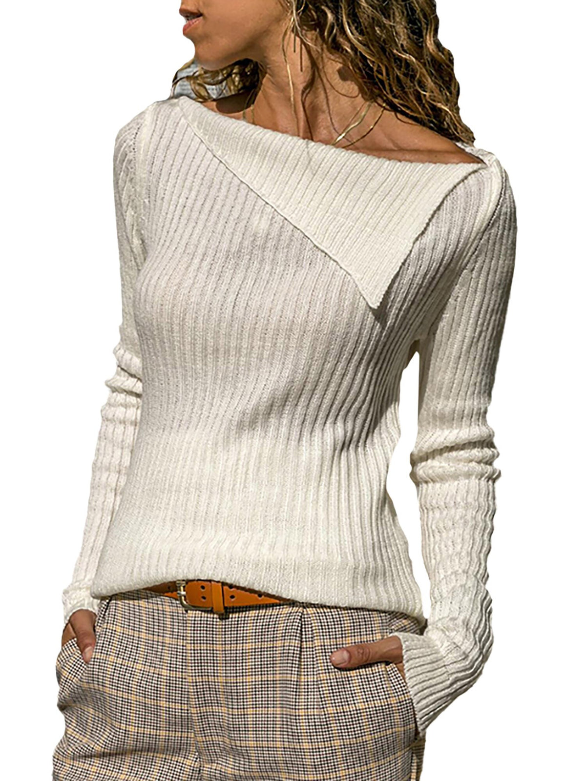 Sonicelife Elegant Women Office Ladies Classic Tops Long Sleeve Casual Asymmetrical Fashion Collar Solid Knitted Slim Fit Female Sweater